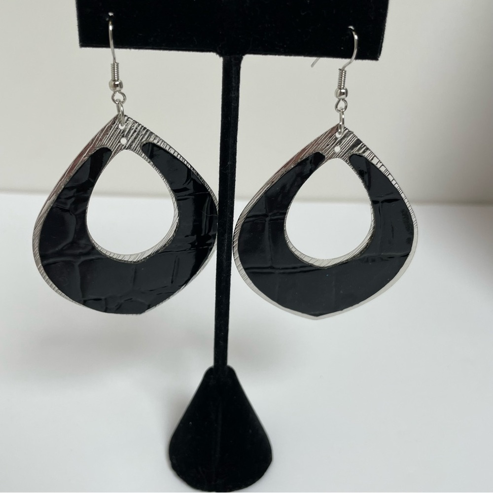 Silver Tone Black Leather Embossed Teardrop Earrings